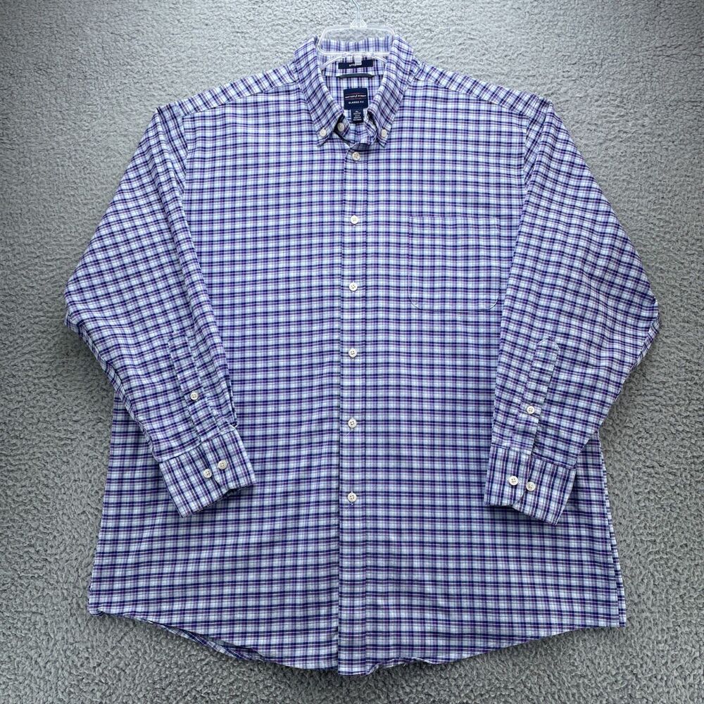 Dockers Battery Street Shirt Mens XL Purple Blue Plaid Stretch Classic Fit